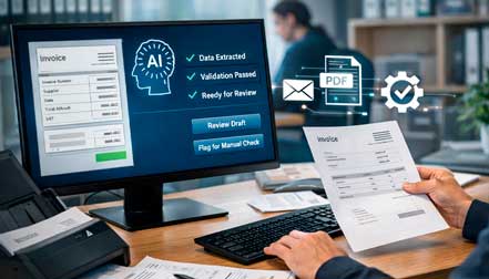 Profesional revisando facturas en un ordenador con un flujo de automatización y validación de datos, en una oficina moderna.