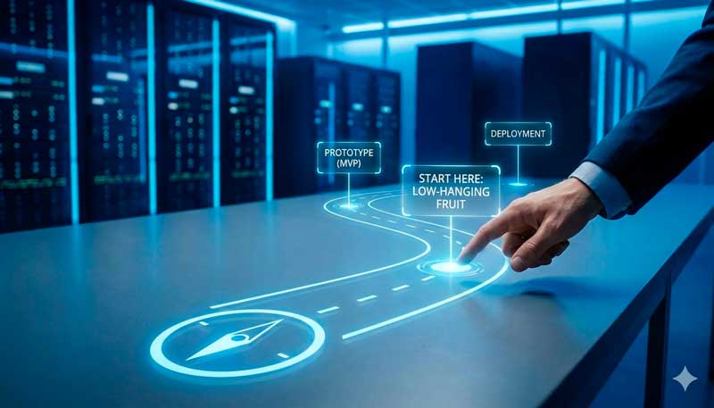 Representación visual de la hoja de ruta de implementación de Altira, mostrando los pasos desde la &amp;amp;quot;fruta más baja&amp;amp;quot; hasta el despliegue del Agente IA.