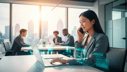 Interfaz de asistente de IA invisible optimizando el flujo de trabajo en una oficina moderna.